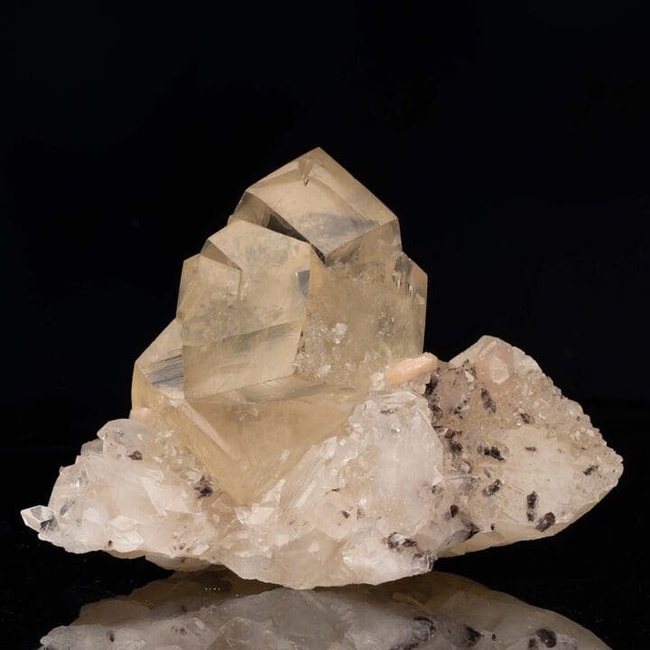 Golden Calcite on Apophyllite with Stilbite From India
