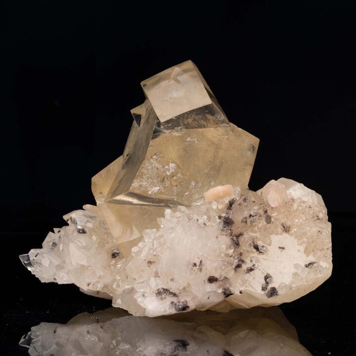 Golden Calcite on Apophyllite with Stilbite From India - Image 3