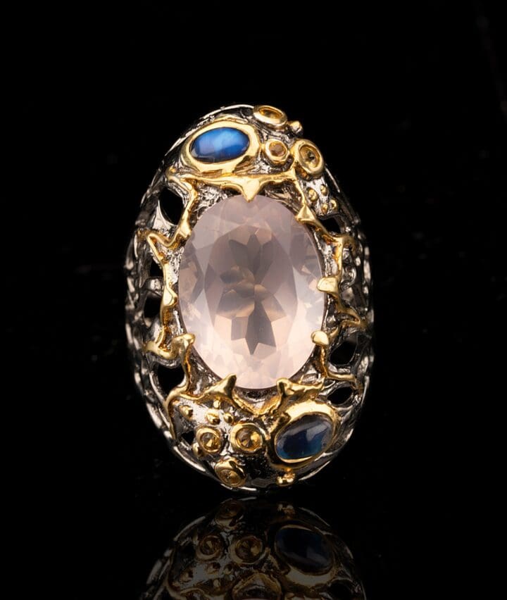 Rose Quartz, Spectrolite, and Sapphire Ring // Size 8