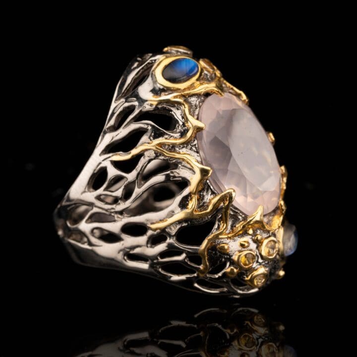 Rose Quartz, Spectrolite, and Sapphire Ring // Size 8 - Image 2
