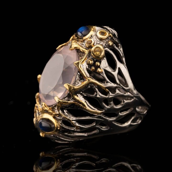 Rose Quartz, Spectrolite, and Sapphire Ring // Size 8 - Image 3