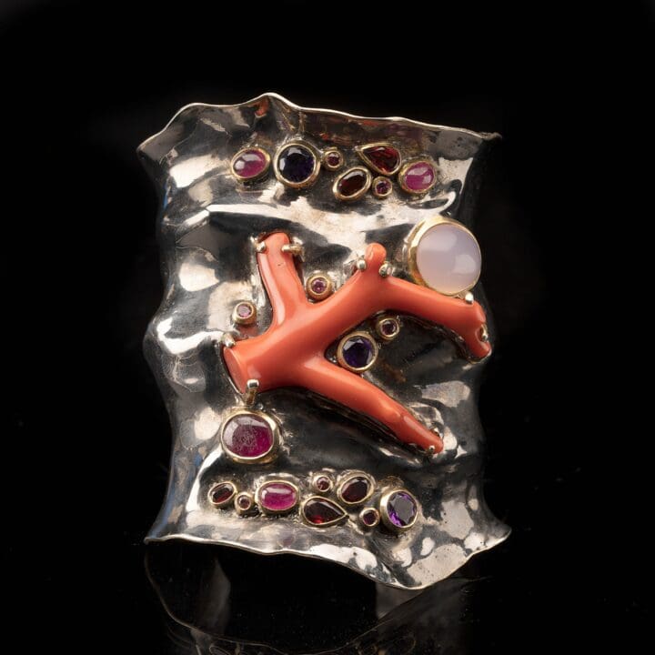 Coral and Gemstone Adjustable Cuff Bracelet