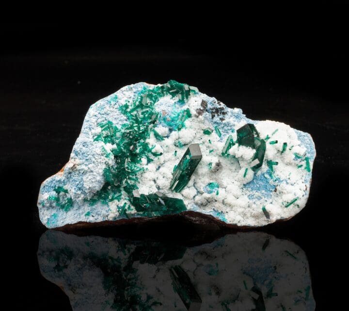 Dioptase on Plancheite and Calcite // 321 Grams