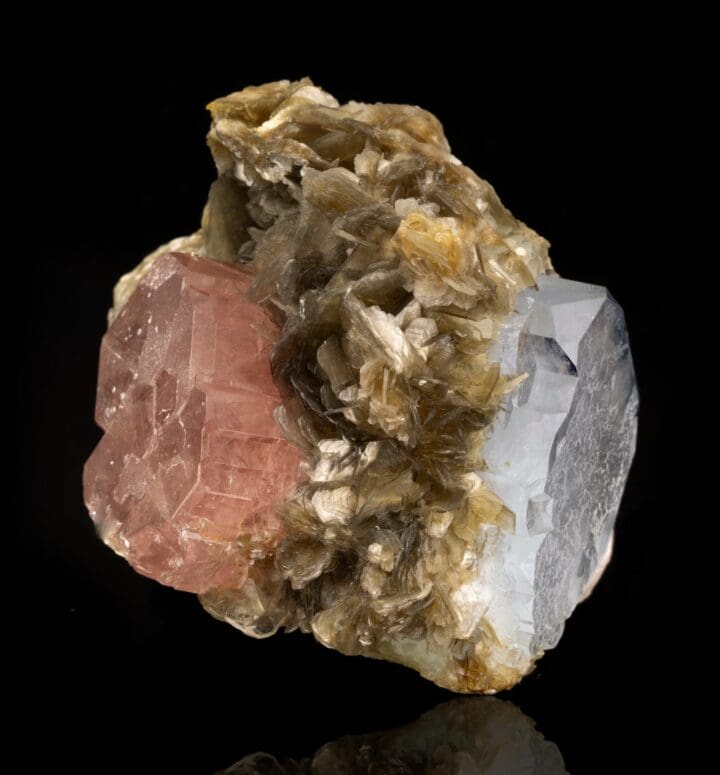Pink Apatite and Aquamarine on Muscovite // 119 Grams