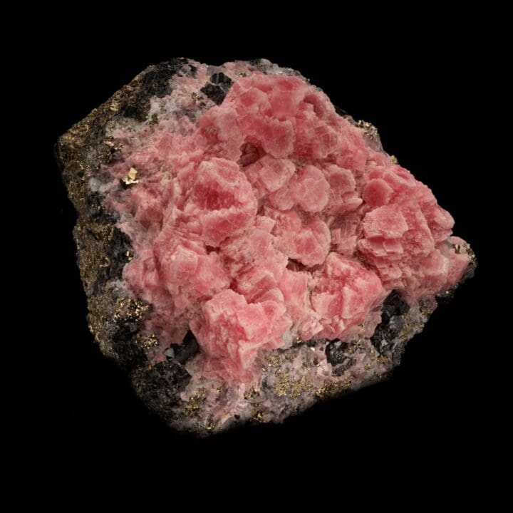 Rhodochrosite on Pyrite and Tetrahedrite From Peru