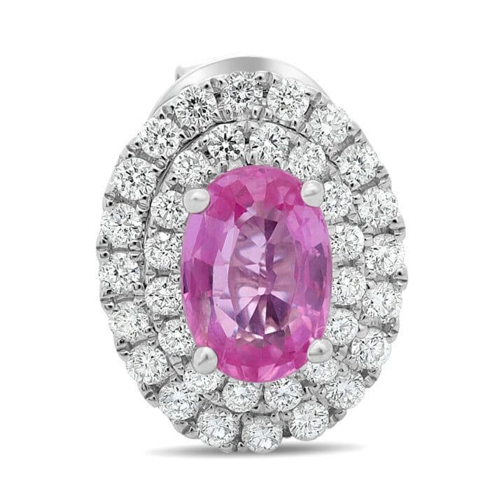 Oval Pink Sapphire Double Halo Stud Earrings - Image 2