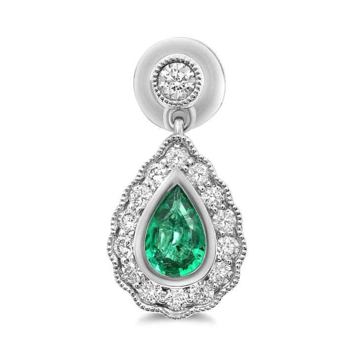 Pear-shaped Emerald Milgrain Halo Earrings - Image 2
