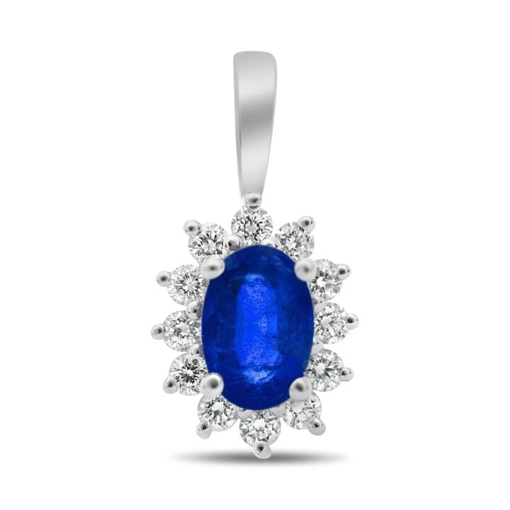 White Gold Oval Blue Sapphire Halo Pendant