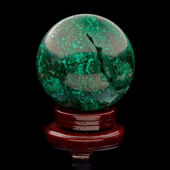 5-1/2" Diameter Malachite Sphere on Carved Wooden Stand I - Image 2