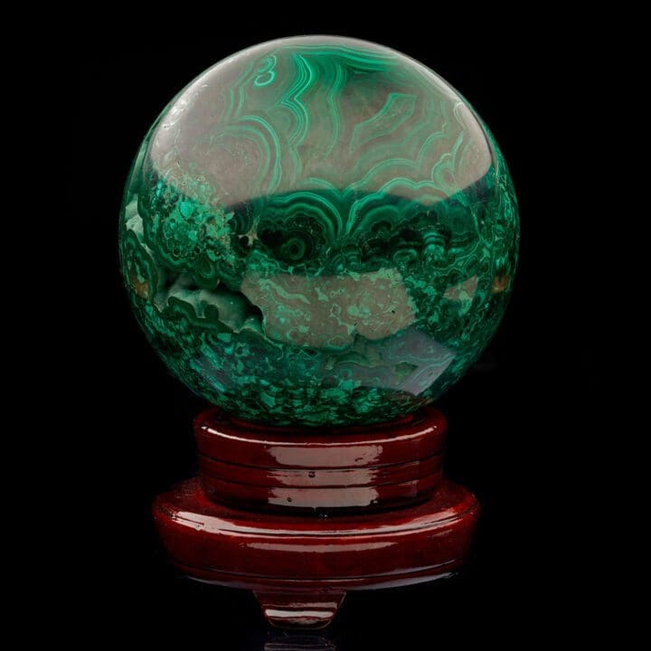 5-1/2" Diameter Malachite Sphere on Carved Wooden Stand I - Image 3