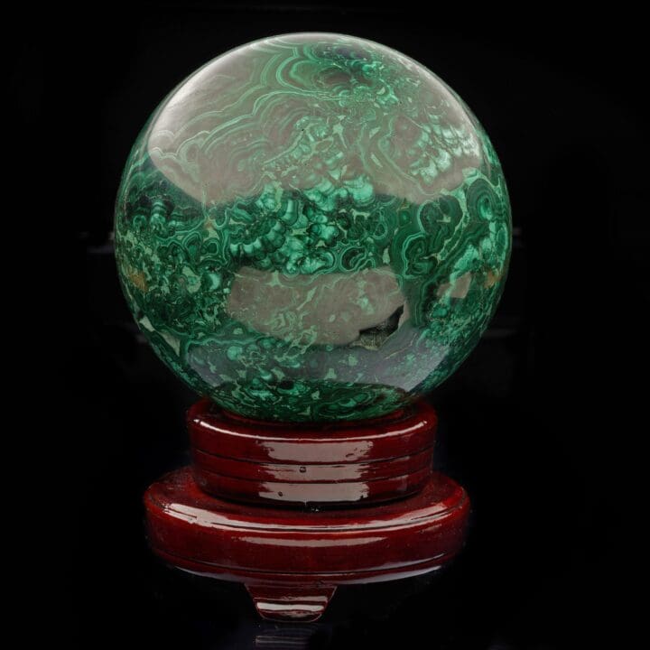 5-1/2" Diameter Malachite Sphere on Carved Wooden Stand I - Image 4