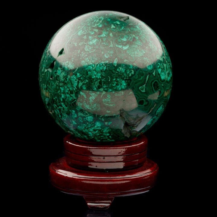 5-1/2" Diameter Malachite Sphere on Carved Wooden Stand I - Image 5