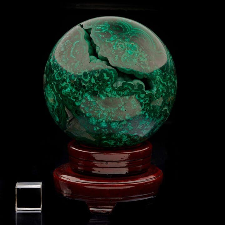 5-1/2" Diameter Malachite Sphere on Carved Wooden Stand I - Image 7