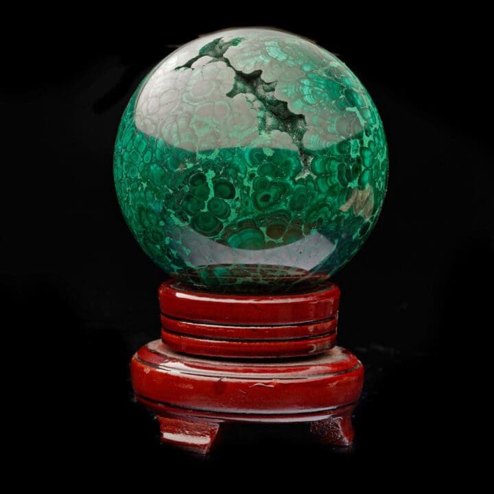 3-1/2" Diameter Malachite Sphere on Carved Wooden Stand - Image 5