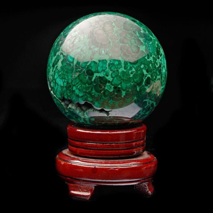 3-1/2" Diameter Malachite Sphere on Carved Wooden Stand