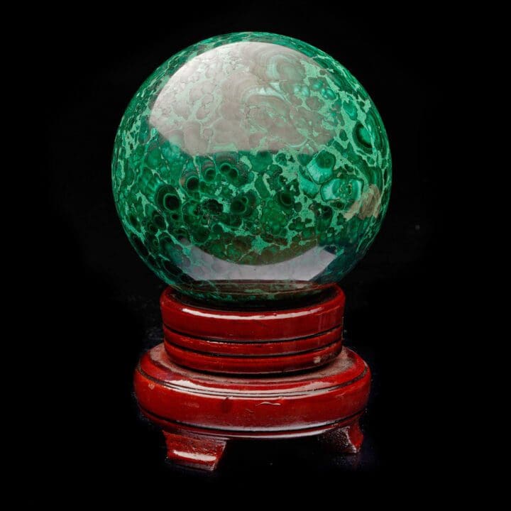 3-1/2" Diameter Malachite Sphere on Carved Wooden Stand - Image 2