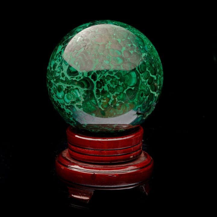 3-1/2" Diameter Malachite Sphere on Carved Wooden Stand - Image 3