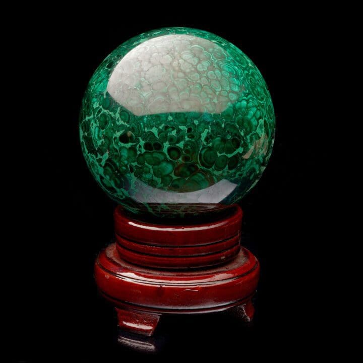 3-1/2" Diameter Malachite Sphere on Carved Wooden Stand - Image 4