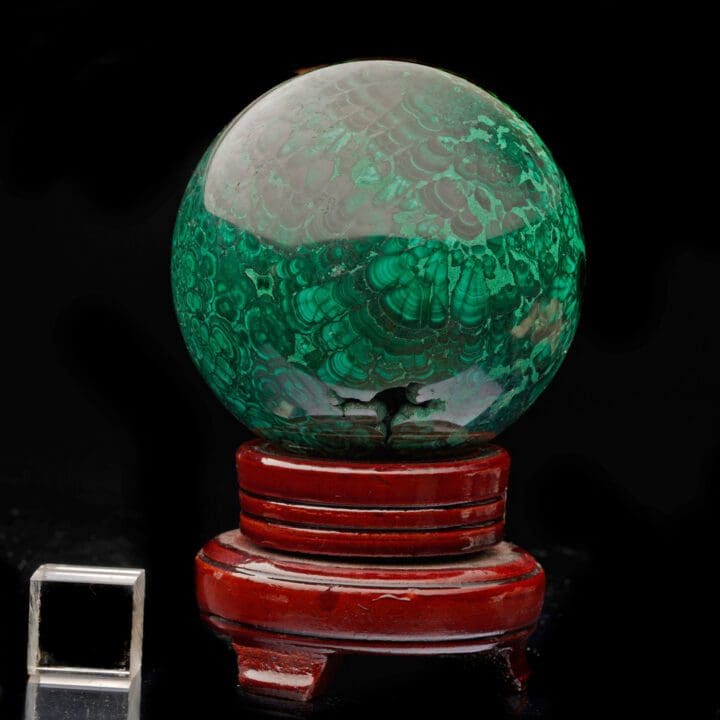 3-1/2" Diameter Malachite Sphere on Carved Wooden Stand - Image 6