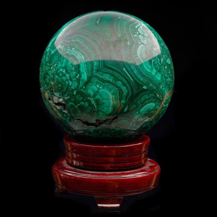 5-1/2" Diameter Malachite Sphere on Carved Wooden Stand II - Image 2