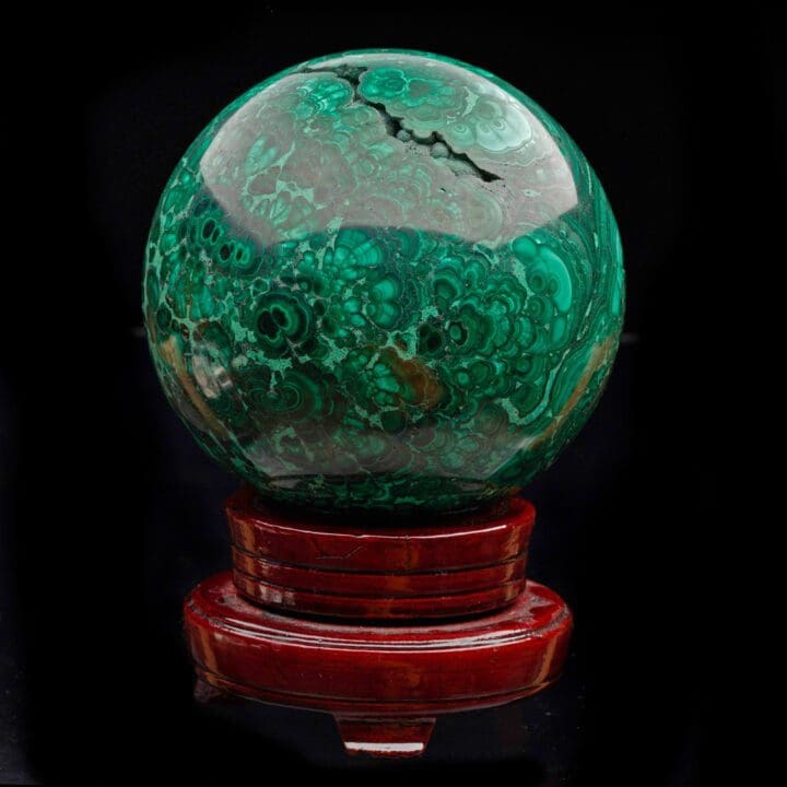 5-1/2" Diameter Malachite Sphere on Carved Wooden Stand II - Image 4