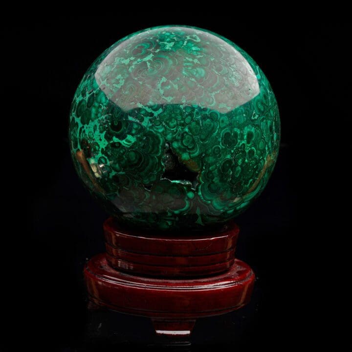 5-1/2" Diameter Malachite Sphere on Carved Wooden Stand II - Image 5