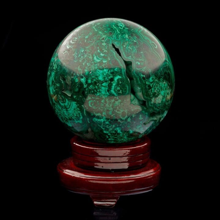 5-1/2" Diameter Malachite Sphere on Carved Wooden Stand I