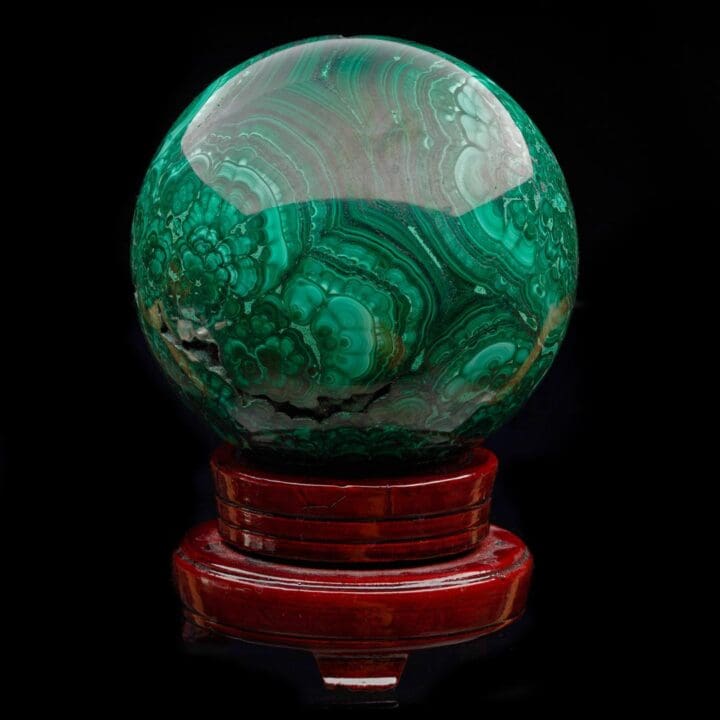 5-1/2" Diameter Malachite Sphere on Carved Wooden Stand II