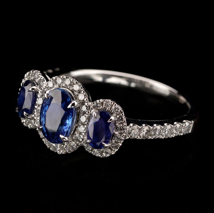 Triple Sapphire and Diamond Ring – Elegant White Gold Jewelry