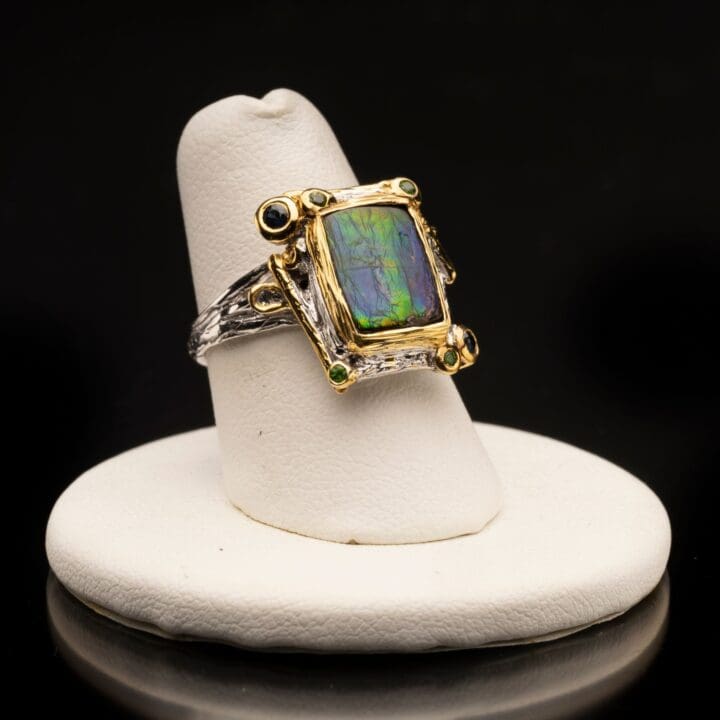 Ammolite, Chrome Diopside, and Sapphire Ring