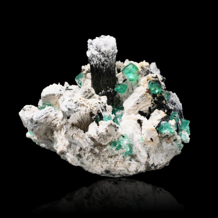 Fluorite, Black Tourmaline and Hyalite Opal on Feldspar