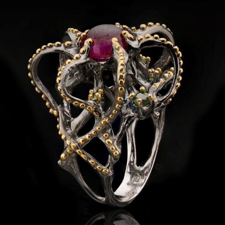 Ruby, Peridot, and Chrome Diopside Tentacle Ring - Image 3