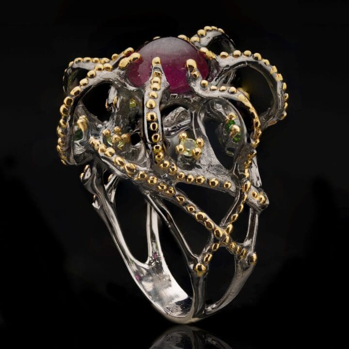 Ruby, Peridot, and Chrome Diopside Tentacle Ring