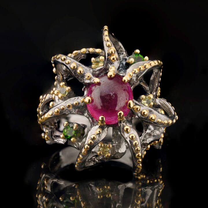 Ruby, Peridot, and Chrome Diopside Tentacle Ring - Image 2