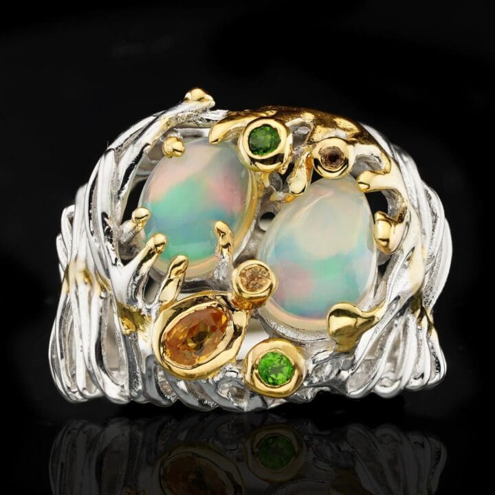 Ethiopian Opal Ring – Orange Sapphire and Tsavorite Incrusted in Silver & Gold Plating - Image 2
