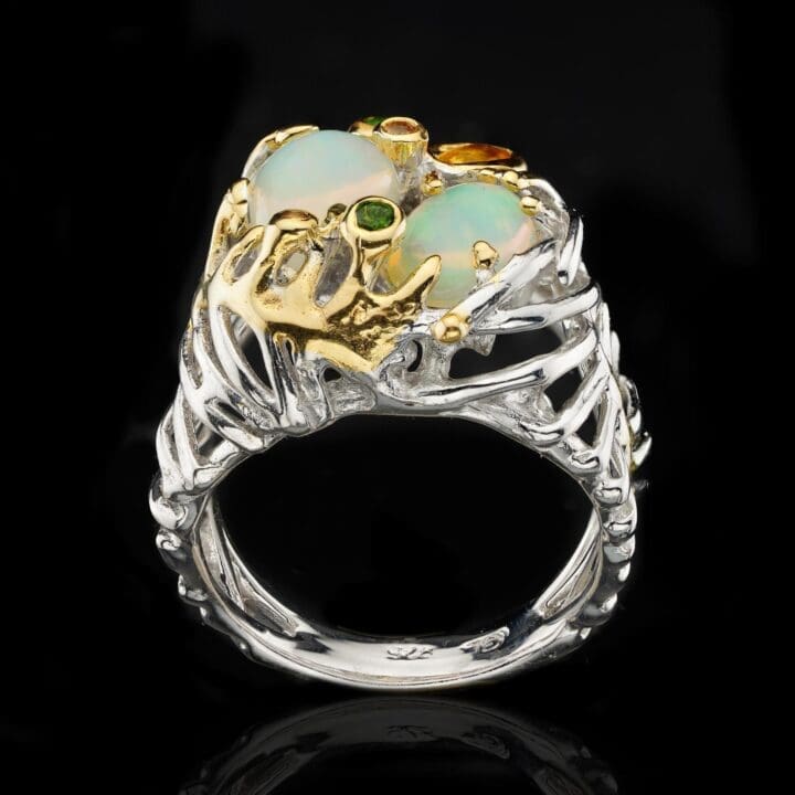 Ethiopian Opal Ring – Orange Sapphire and Tsavorite Incrusted in Silver & Gold Plating