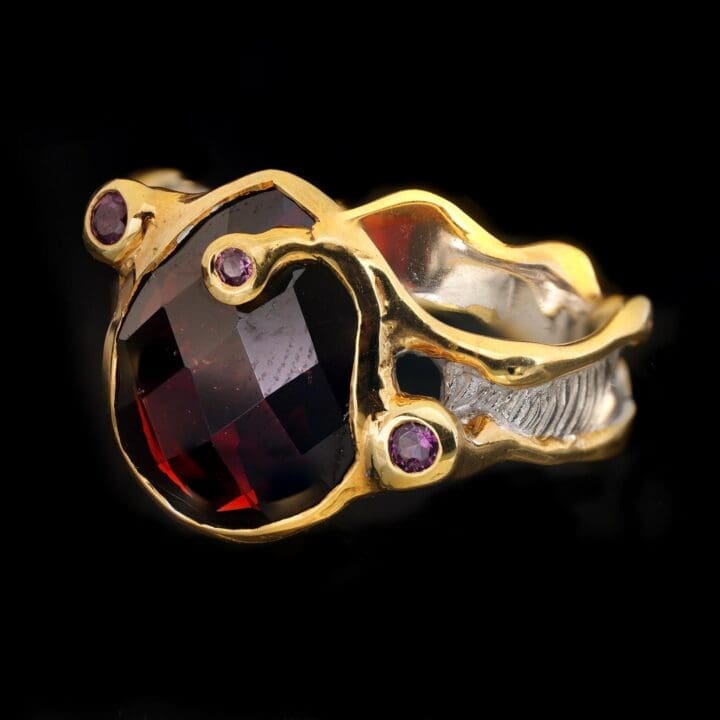 Red Garnet Ring – Pink Sapphires Incrusted in Silver & Gold Plating - Image 4
