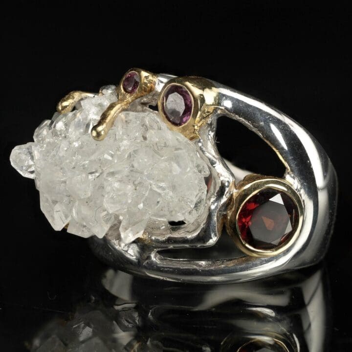 Apophyllite Crystal, Rhodolite, and Garnet Ring - Size 7