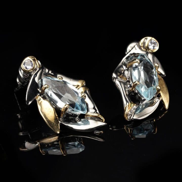Aquamarine, Sapphire, Silver, and Gold-Plated Earrings - 15g - Image 2