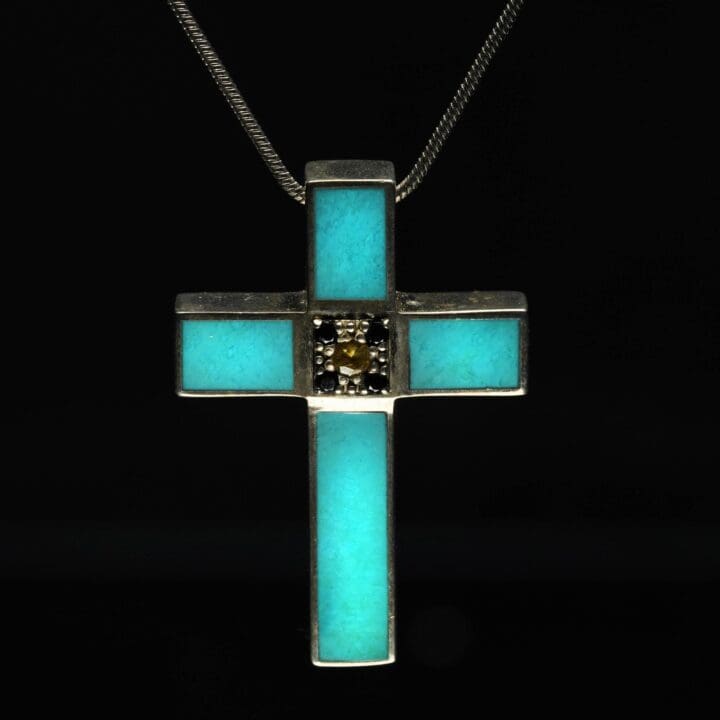 Turquoise and Sterling Silver Cross Pendant with Sapphires - Image 3