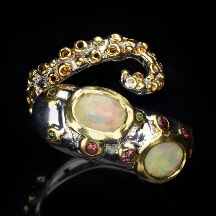 Ethiopian Opal, Chrome Diopside, and Orange Sapphire Tentacle Ring - Image 3