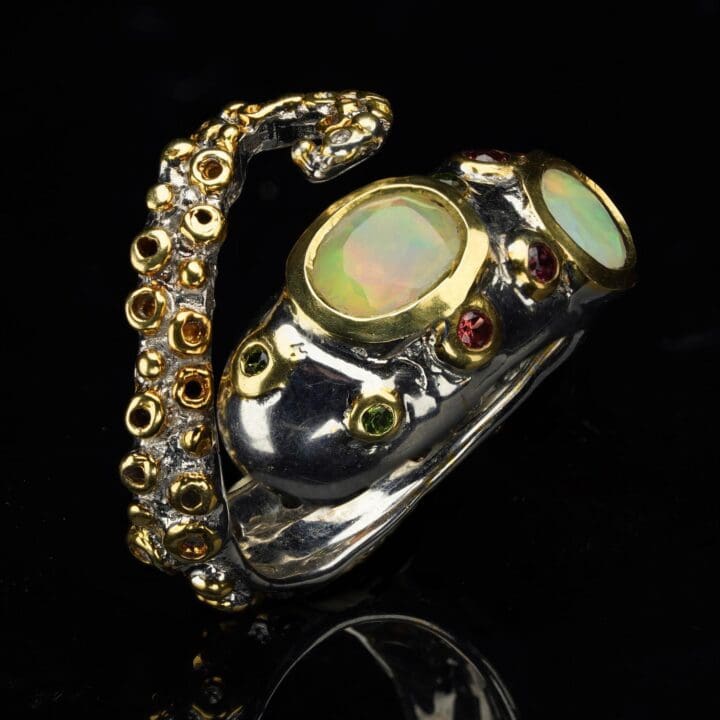 Ethiopian Opal, Chrome Diopside, and Orange Sapphire Tentacle Ring - Image 2