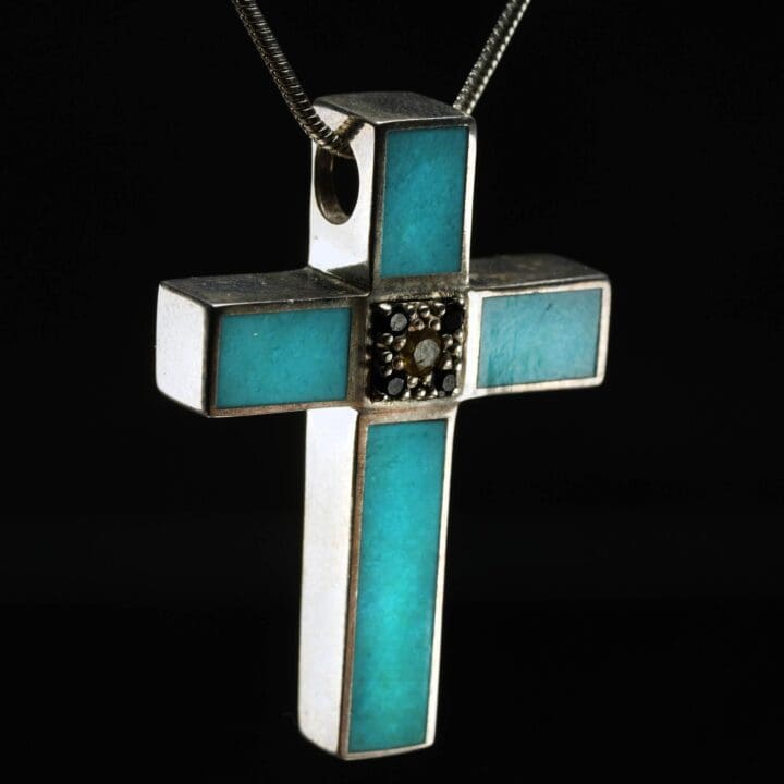 Turquoise and Sterling Silver Cross Pendant with Sapphires - Image 2