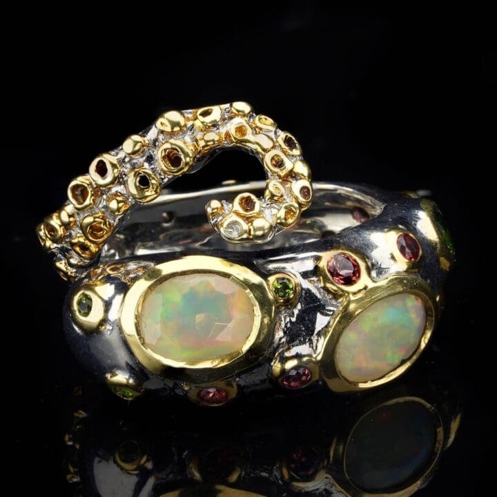 Ethiopian Opal, Chrome Diopside, and Orange Sapphire Tentacle Ring