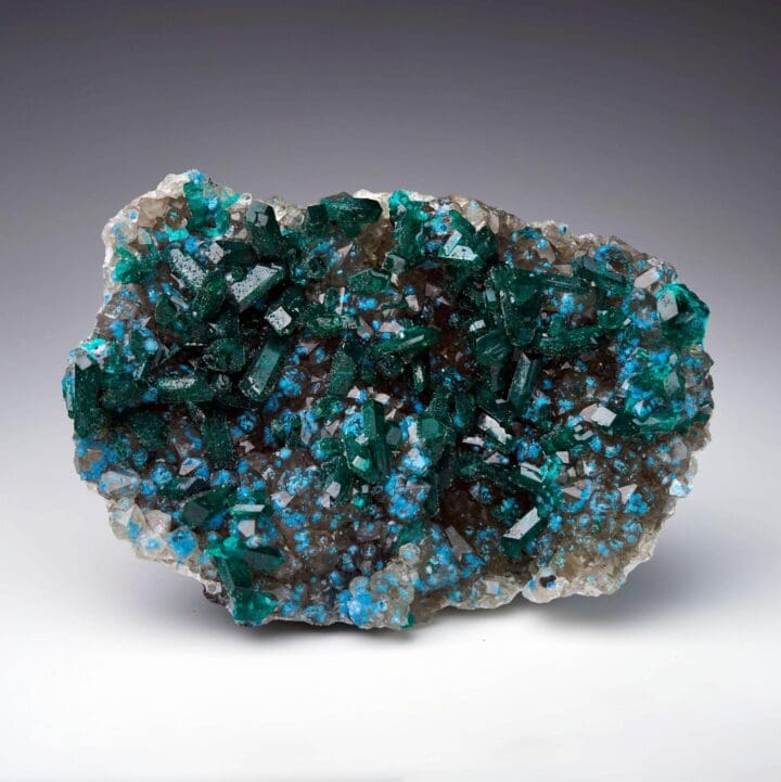 Museum Quality Dioptase With Plancheite on Calcite
