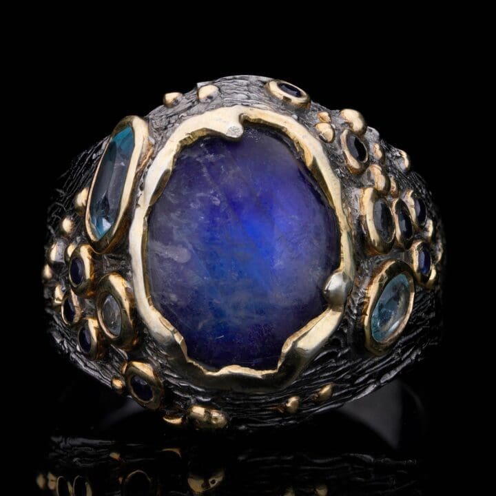 Spectrolite and Aquamarine Ring // Artisan-Crafted with Sapphire Accents