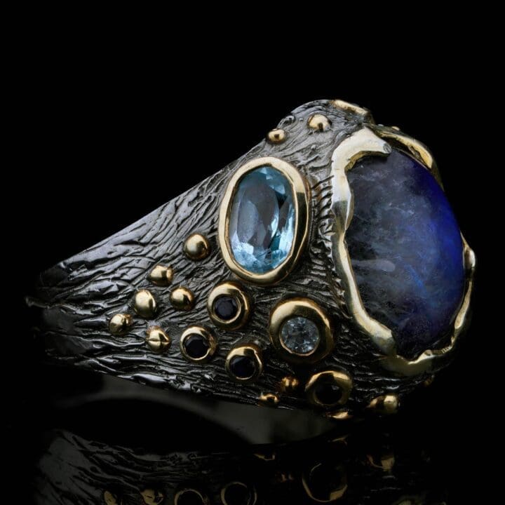 Spectrolite and Aquamarine Ring // Artisan-Crafted with Sapphire Accents - Image 3