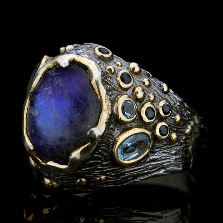 Spectrolite and Aquamarine Ring // Artisan-Crafted with Sapphire Accents - Image 2