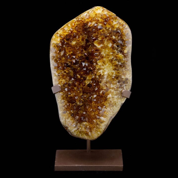 Large golden Citrine quartz crystal cluster on metal stand – fine mineral décor piece.